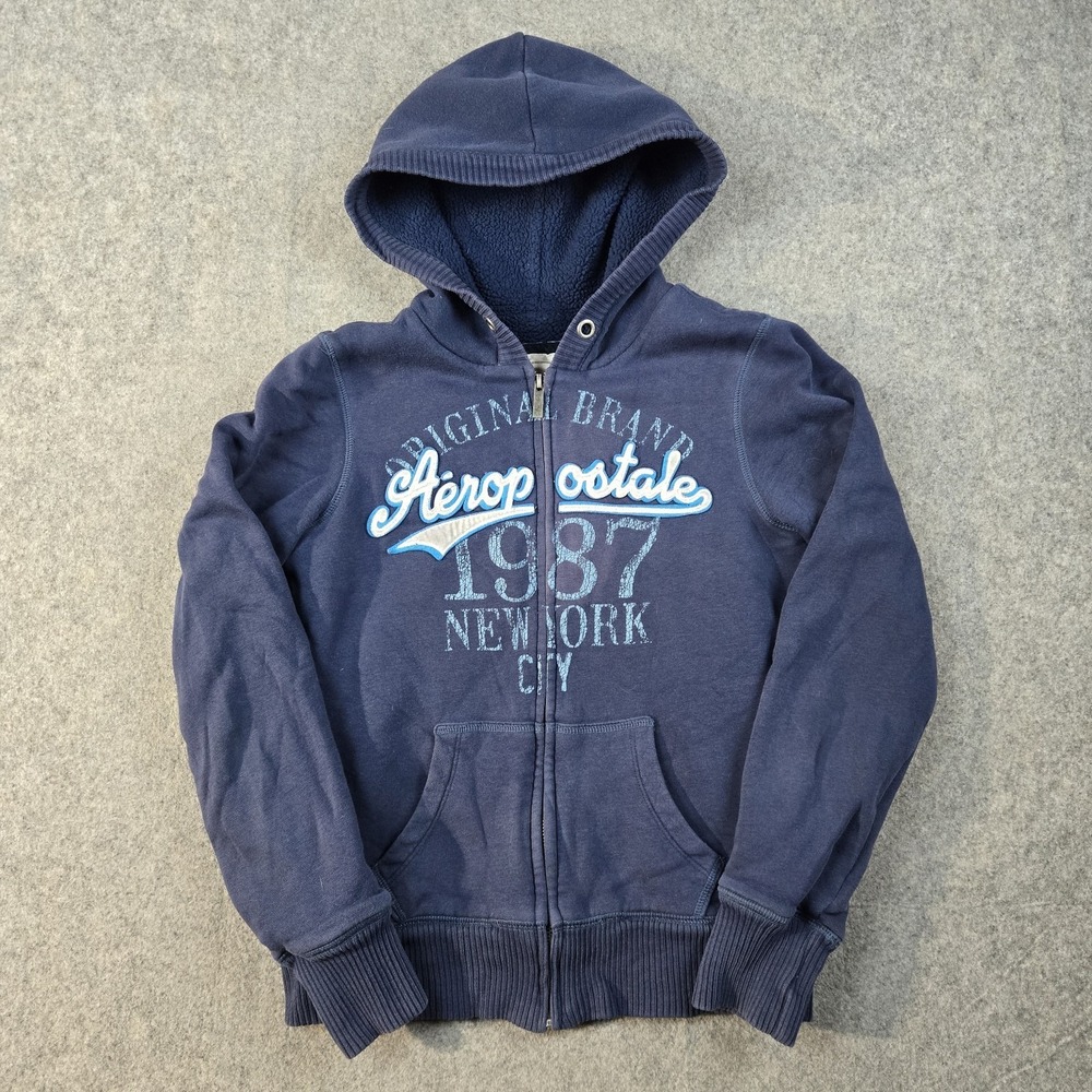 Aeropostale Hoodie Womens Medium Blue Spellout Full Zip Y2k Sherpa Lined